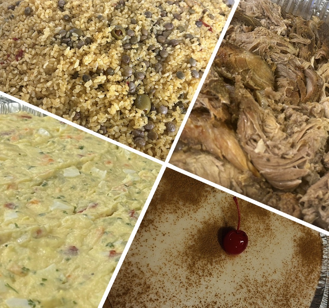 Puerto Rican catering collage with rice, meat, salad and dessert
